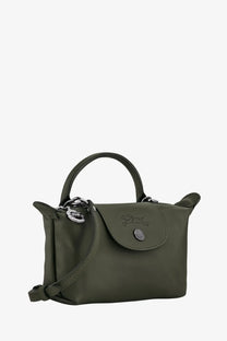 Olive green longchamp le pliage mini handbag with top handle and detachable shoulder strap in leather sapin color