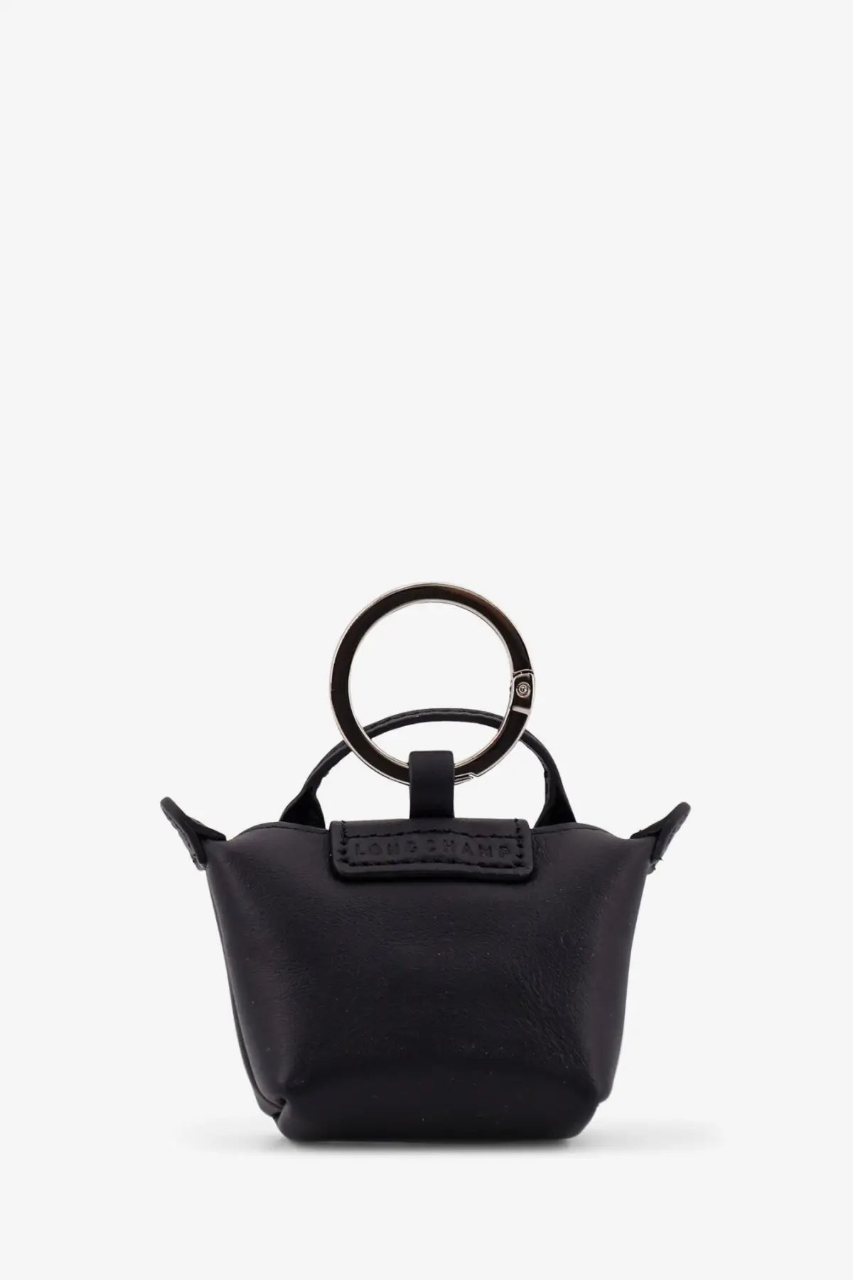 Longchamp women’s le pliage xtra leather keychain black with circular metal ring handle and embossed logo