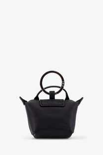 Longchamp women’s le pliage xtra leather keychain black with circular metal ring handle and embossed logo