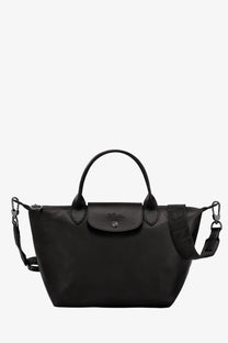 Black longchamp women’s le pliage xtra leather shoulder bag with sleek minimalist design and signature top flap closure