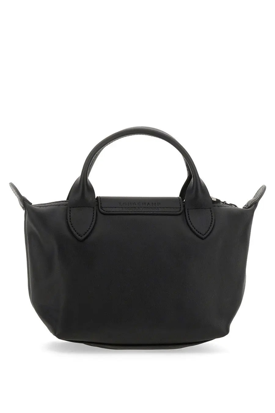Black Longchamp women’s LE Pliage xtra mini bag with structured silhouette and signature top handle in leather