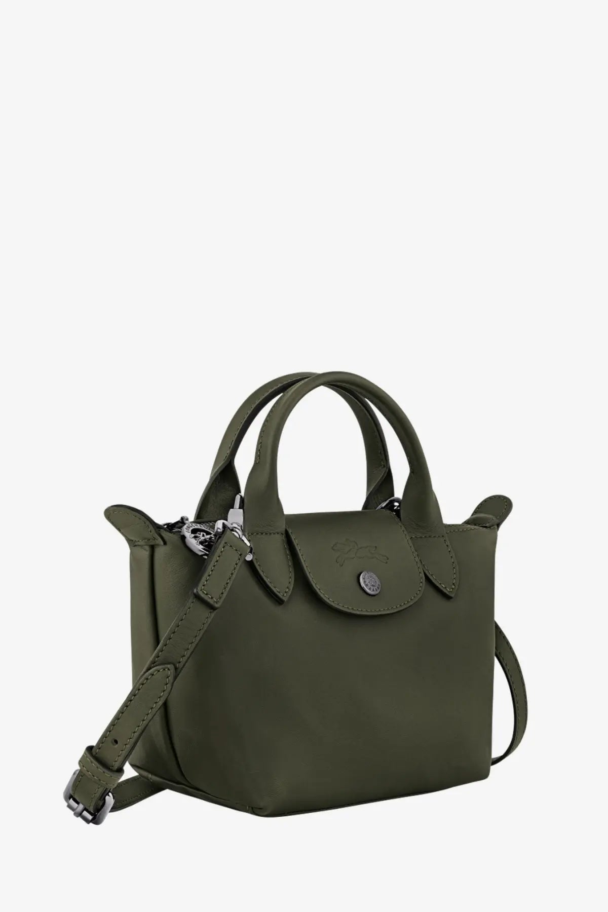 Olive green longchamp le pliage mini leather handbag with top handles and detachable shoulder strap sapin