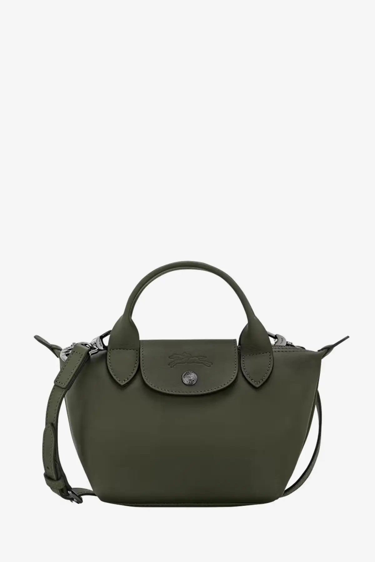 Olive green Longchamp women’s Le Pliage Xtra XS leather mini handbag with top handle and detachable shoulder strap