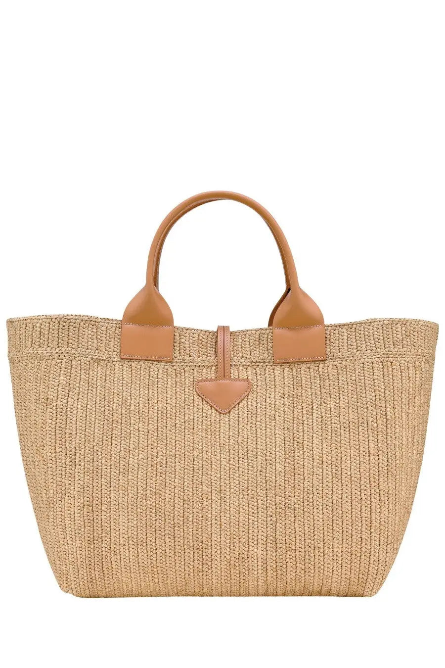 Longchamp women’s le roseau beige woven straw tote bag with tan leather handles and heart-shaped leather clasp