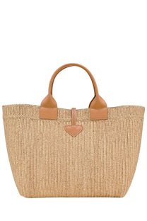 Longchamp women’s le roseau beige woven straw tote bag with tan leather handles and heart-shaped leather clasp