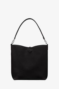 Longchamp women’s le roseau black leather hobo bag with heart-shaped flap closure and silver-toned hardware