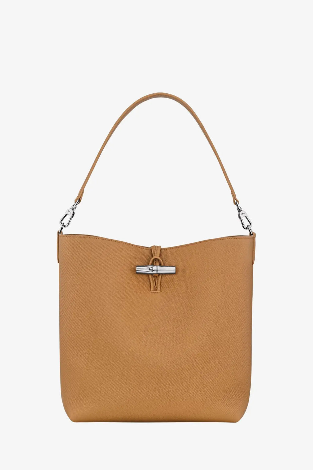Longchamp women’s le roseau brown leather bucket bag with tan leather, silver-tone clasp, and matching shoulder strap