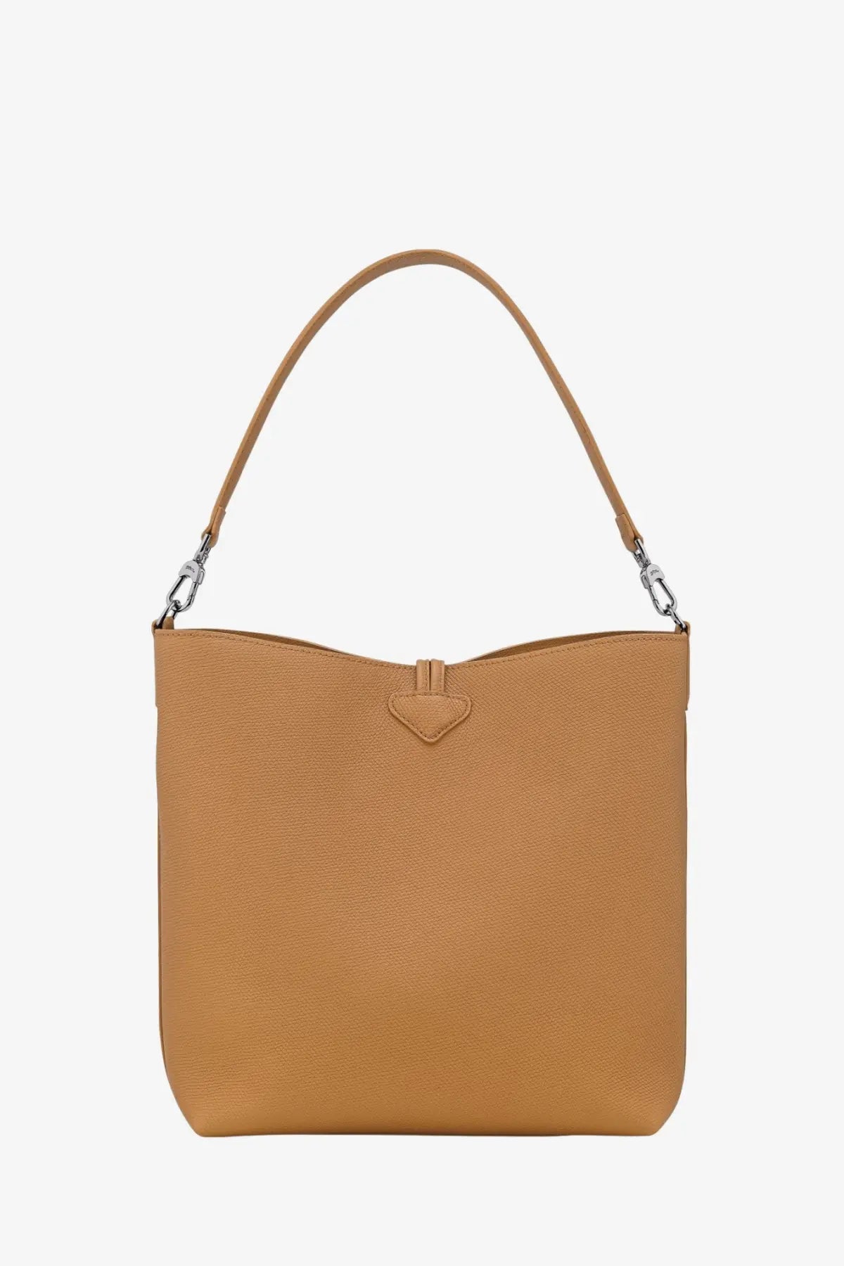 Longchamp women’s le roseau brown leather hobo bag with tan textured leather heart-shaped flap and silver hardware