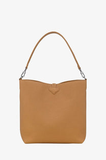 Longchamp women’s le roseau brown leather hobo bag with tan textured leather heart-shaped flap and silver hardware
