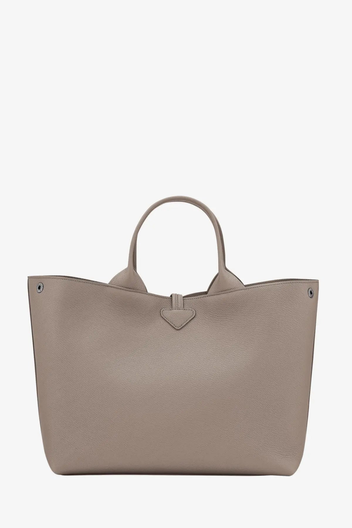 Longchamp women’s le roseau beige textured leather tote bag with rounded handles and triangular flap closure