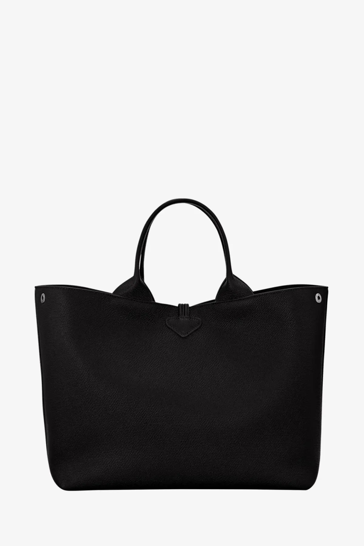 Longchamp women’s le roseau black leather tote bag with textured leather, rounded handles, and central flap closure