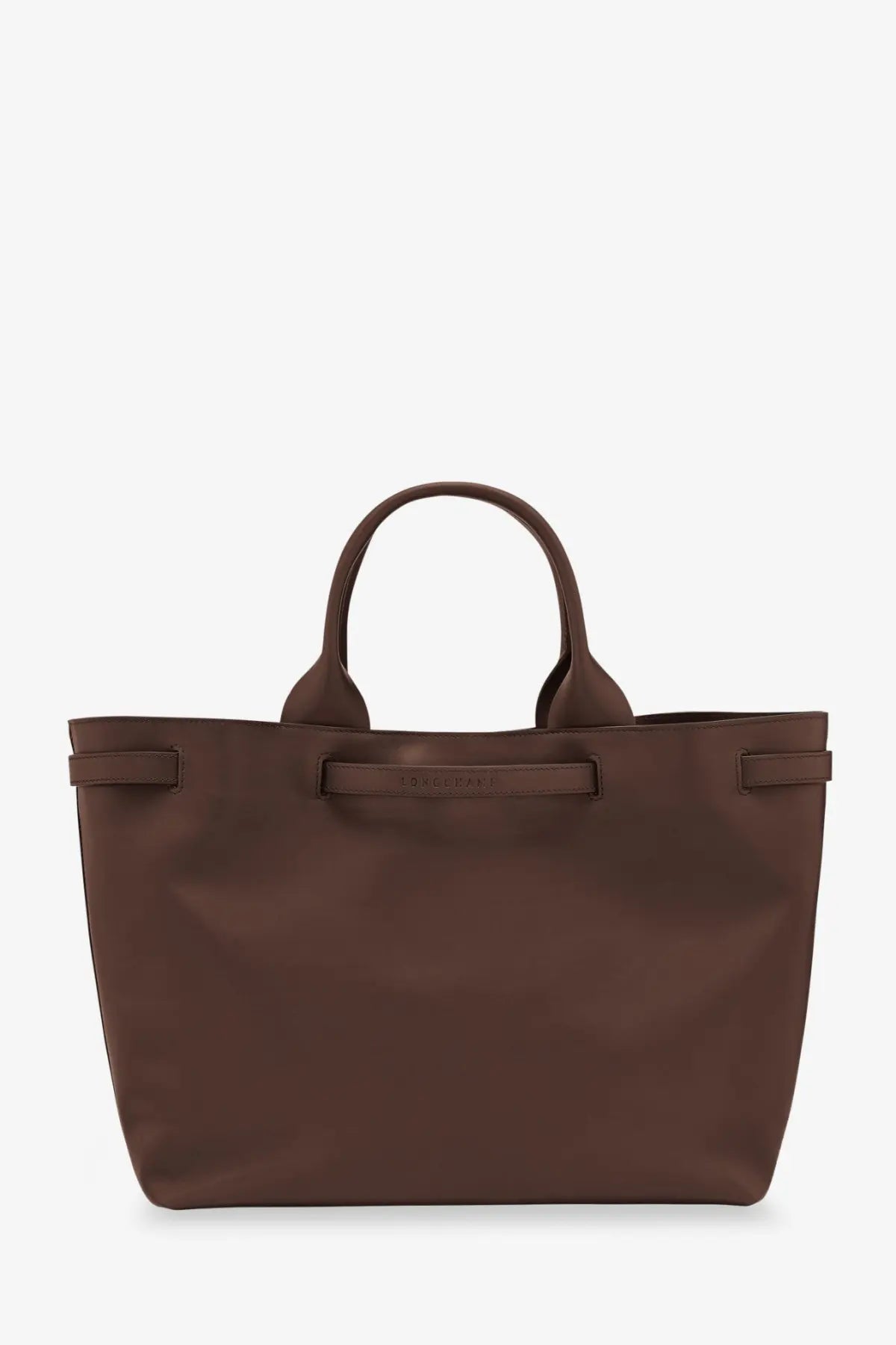 A sleek matte brown leather tote bag with structured handles from Longchamp womens Le Roseau collection
