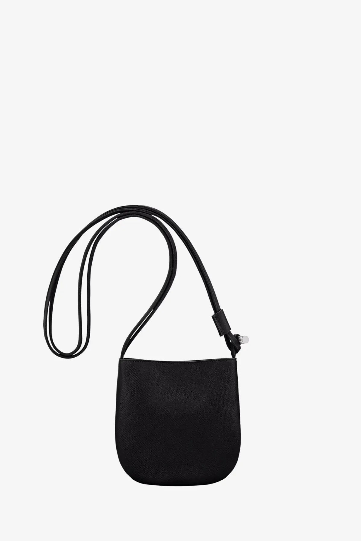 Longchamp women’s le roseau black leather crossbody bag with textured minimalist design and adjustable strap