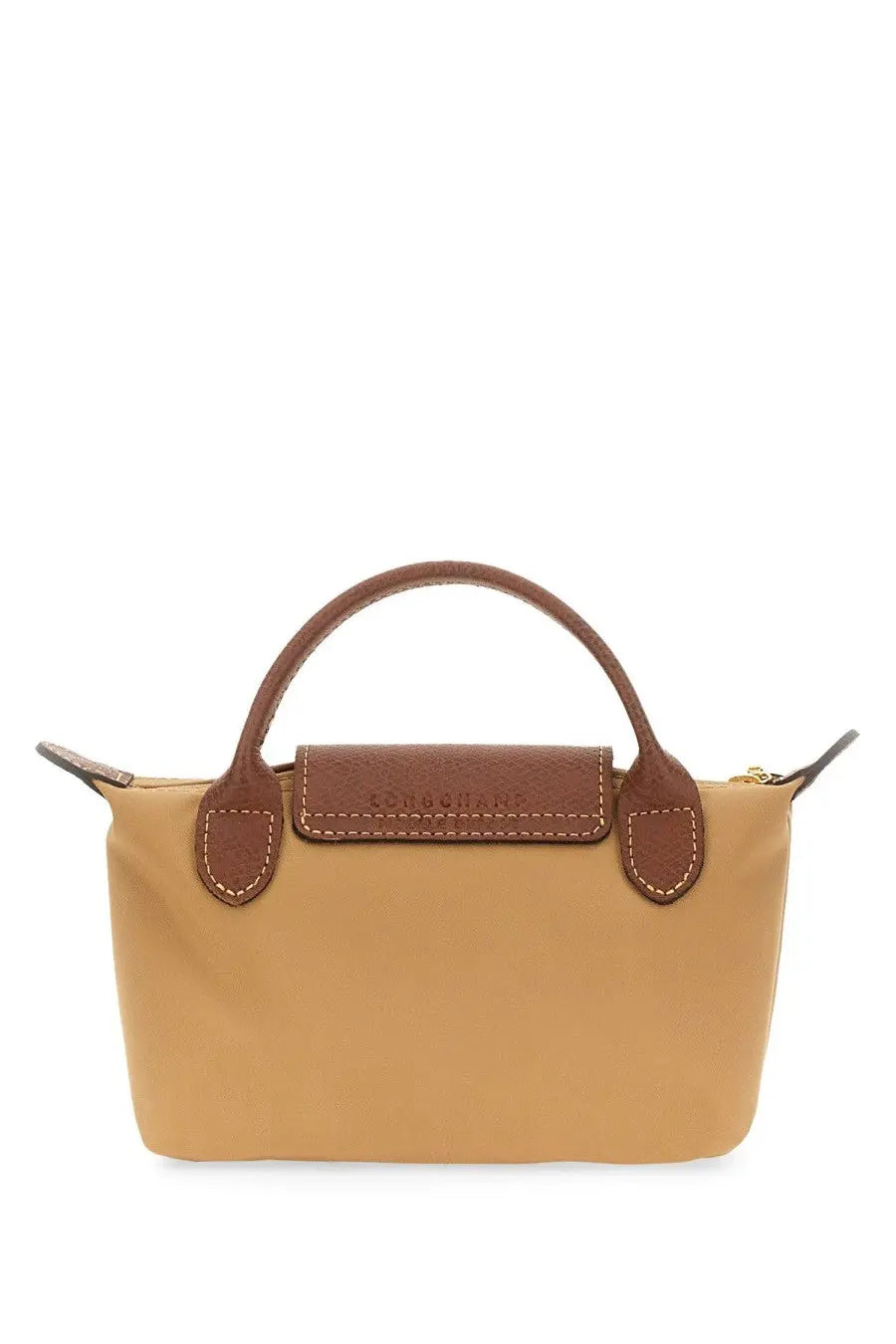 Longchamp women’s pochette le pliage beige handbag with tan leather handles and matching flap in mini size