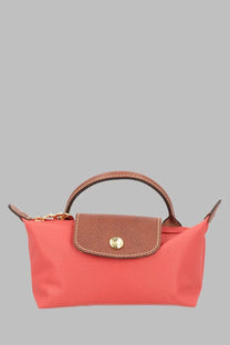 Longchamp women’s pochette le pliage original coral mini handbag with brown leather flap and handle