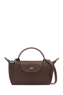 Longchamp women’s pochette le pliage xtra small brown leather handbag with silver-tone logo and hardware