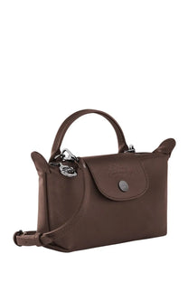 Longchamp women’s brown leather le pliage xtra small pochette handbag with silver-tone hardware and flap closure