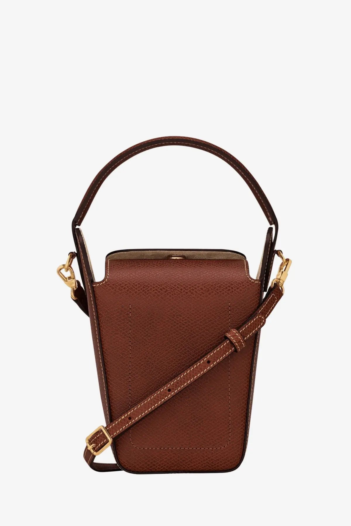 Longchamp women’s popcorn epure brown leather bucket bag with gold-tone hardware and detachable shoulder strap