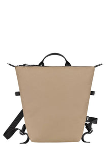 Beige canvas Longchamp women’s Zaino LE Pliage backpack with black leather handles and straps