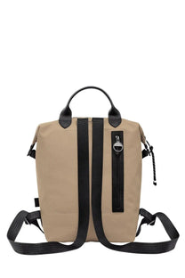 Longchamp women’s zaino le pliage beige canvas backpack with black leather handles straps and central zipper pocket
