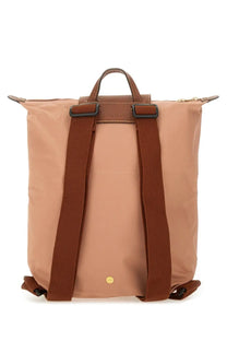 Longchamp women’s zaino le pliage medium blue nylon backpack tan with brown leather straps and gold-tone hardware