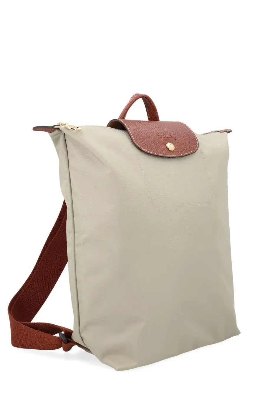 Longchamp women’s zaino le pliage medium grey backpack in beige with brown leather accents and gold-tone hardware