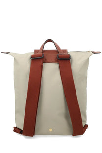 Beige and rust-colored longchamp le pliage medium backpack with woven straps and leather accents for women