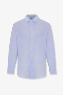Loro Piana men’s Andrè linen shirt blue long-sleeved button-down with classic collar and subtle texture