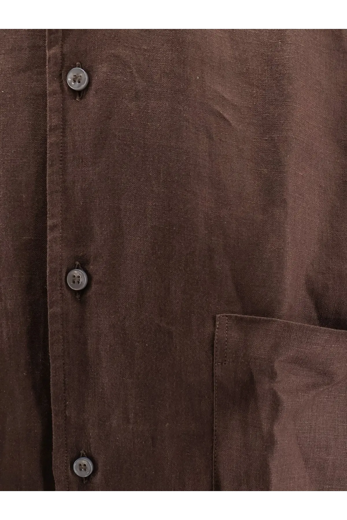Brown linen shirt with silver-toned buttons and single chest pocket by loro piana in carob bean color
