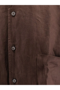 Brown linen shirt with silver-toned buttons and single chest pocket by loro piana in carob bean color