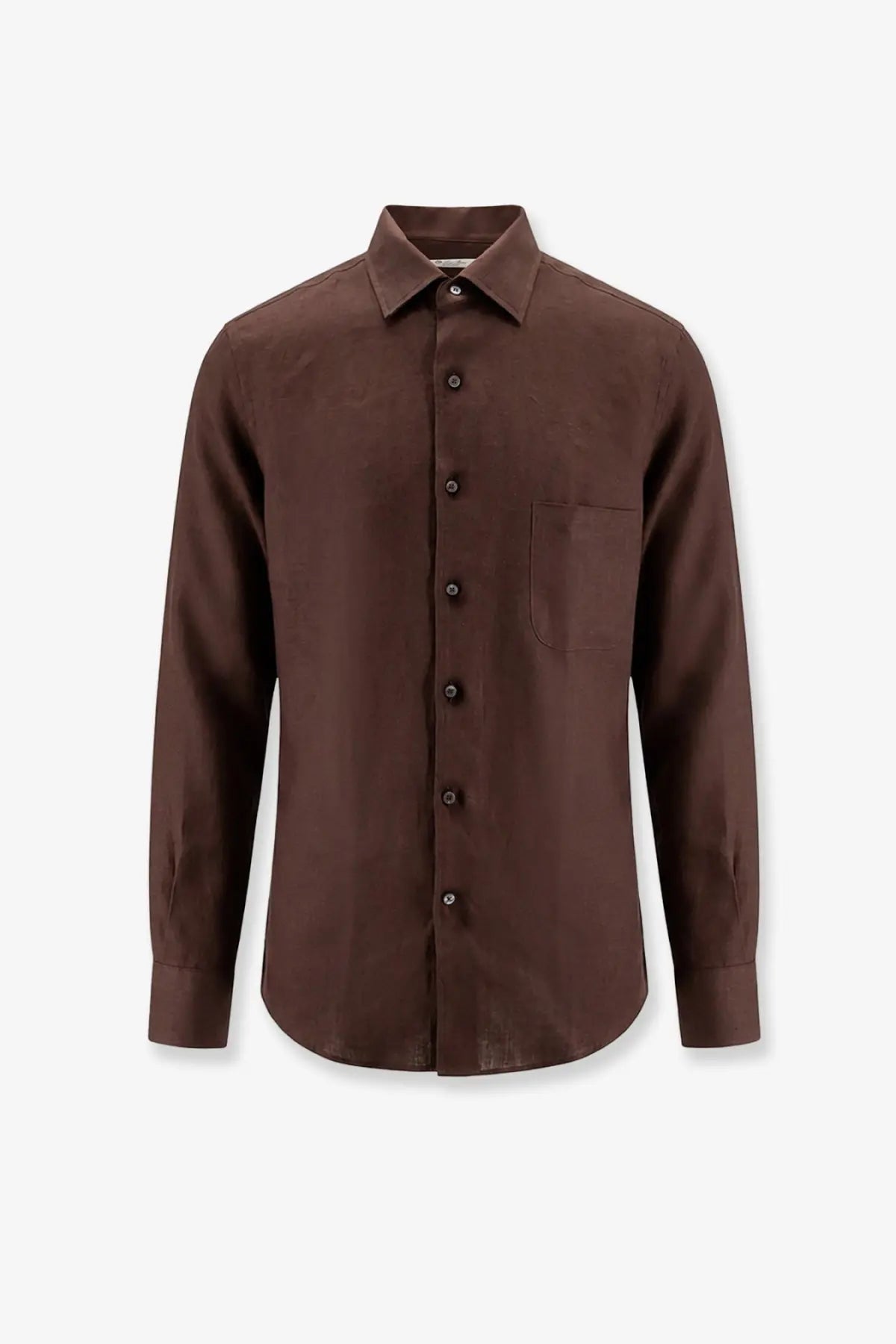 Loro Piana men’s Andrè linen shirt in carob bean dark brown with long sleeves classic collar and subtle texture
