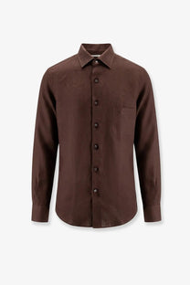 Loro Piana men’s Andrè linen shirt in carob bean dark brown with long sleeves classic collar and subtle texture