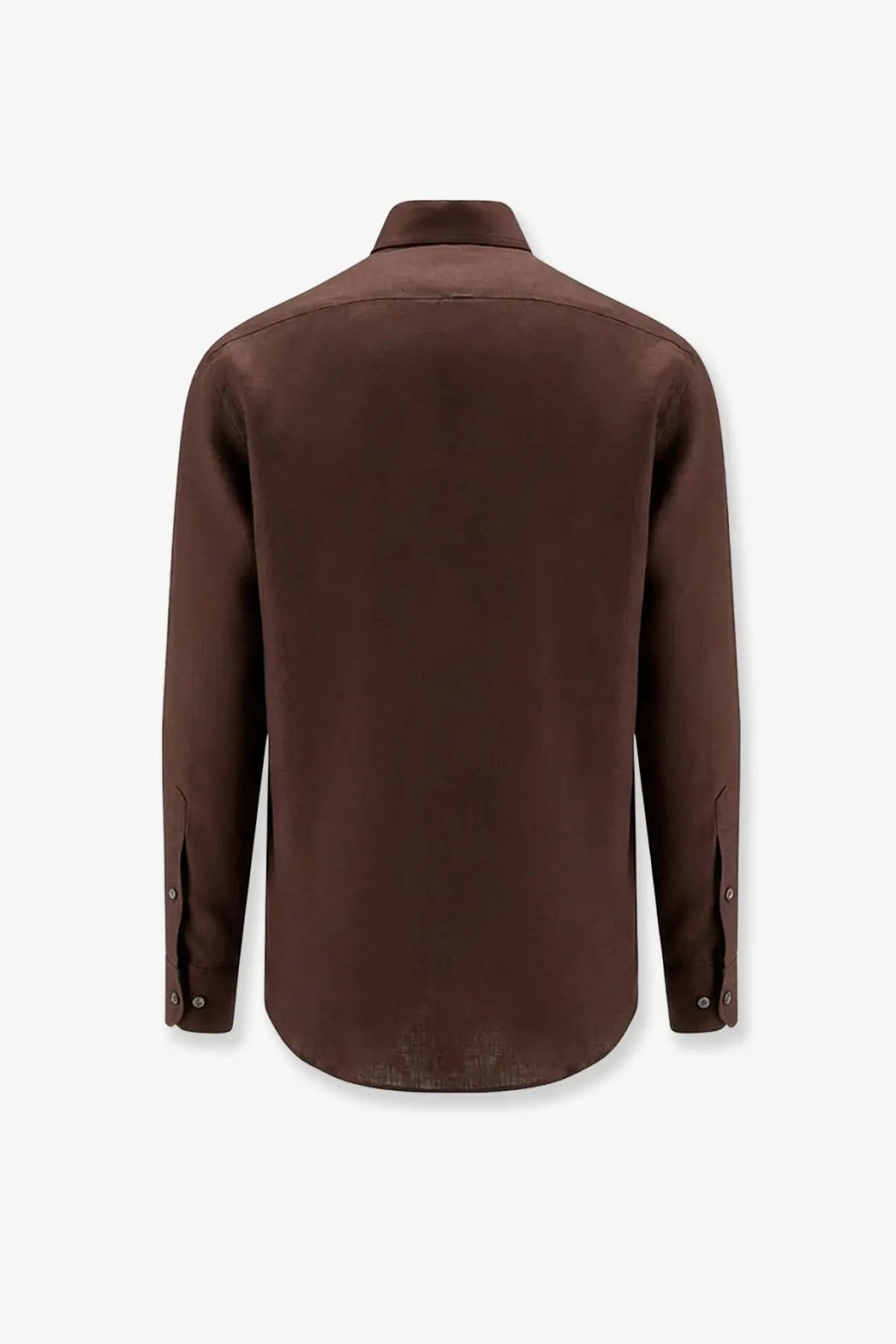 A sleek dark brown Loro Piana men’s Andrè linen dress shirt with subtle sheen and classic tailored fit