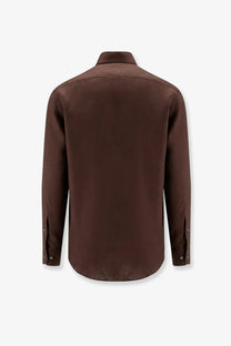 A sleek dark brown Loro Piana men’s Andrè linen dress shirt with subtle sheen and classic tailored fit
