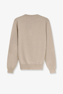 Beige Loro Piana men’s baby cashmere sweater with ribbed cuffs and hem in soft white knit fabric