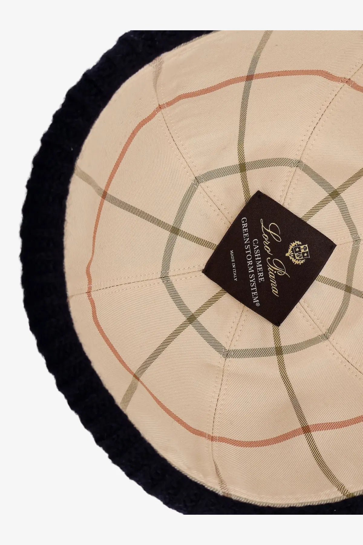 Loro Piana men’s Brando cashmere hat in beige and black plaid with soft textured trim
