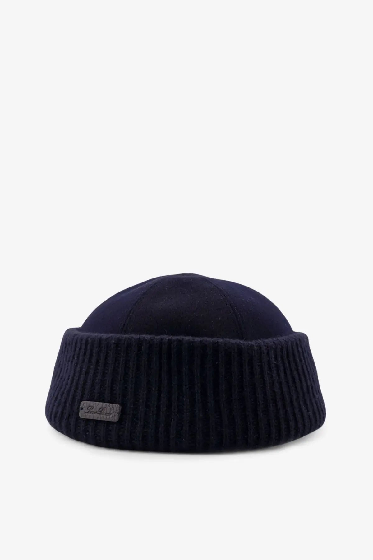 Dark navy blue ribbed knit beanie with soft folded brim and leather tag from loro piana mens brando cashmere hat blue
