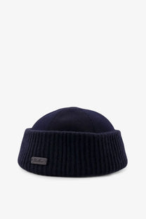 Dark navy blue ribbed knit beanie with soft folded brim and leather tag from loro piana mens brando cashmere hat blue