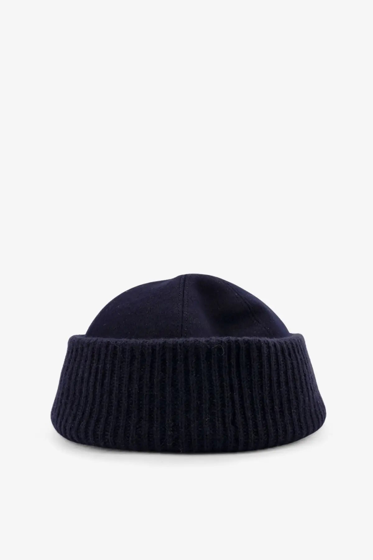 Dark navy ribbed knit beanie with folded brim in cashmere from loro piana men’s brando collection blue