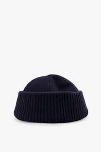 Dark navy ribbed knit beanie with folded brim in cashmere from loro piana men’s brando collection blue