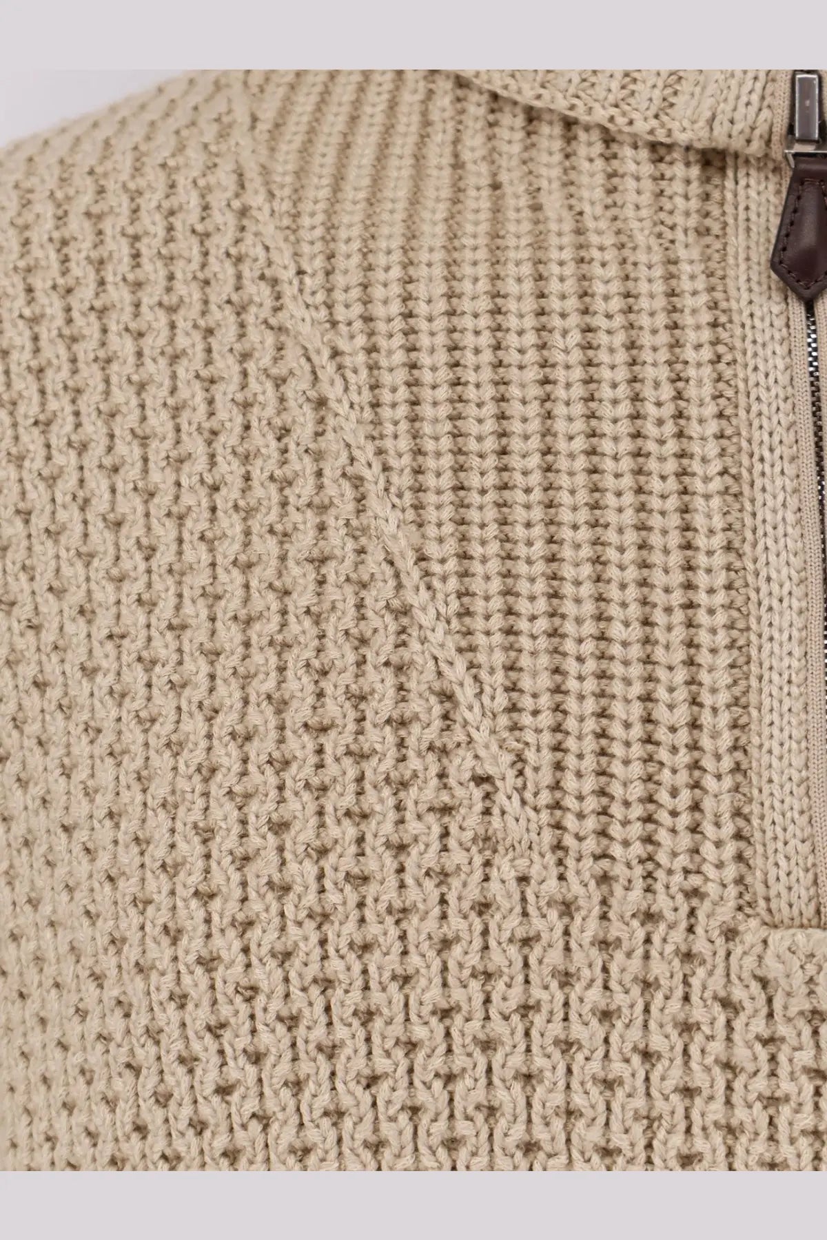 Loro piana men’s beige ribbed knit zip-up sweater with textured pattern and brown leather zipper pull in cashmere blend