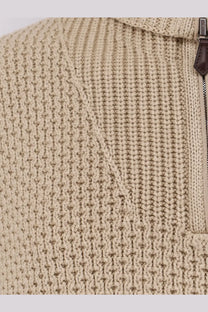 Loro piana men’s beige ribbed knit zip-up sweater with textured pattern and brown leather zipper pull in cashmere blend