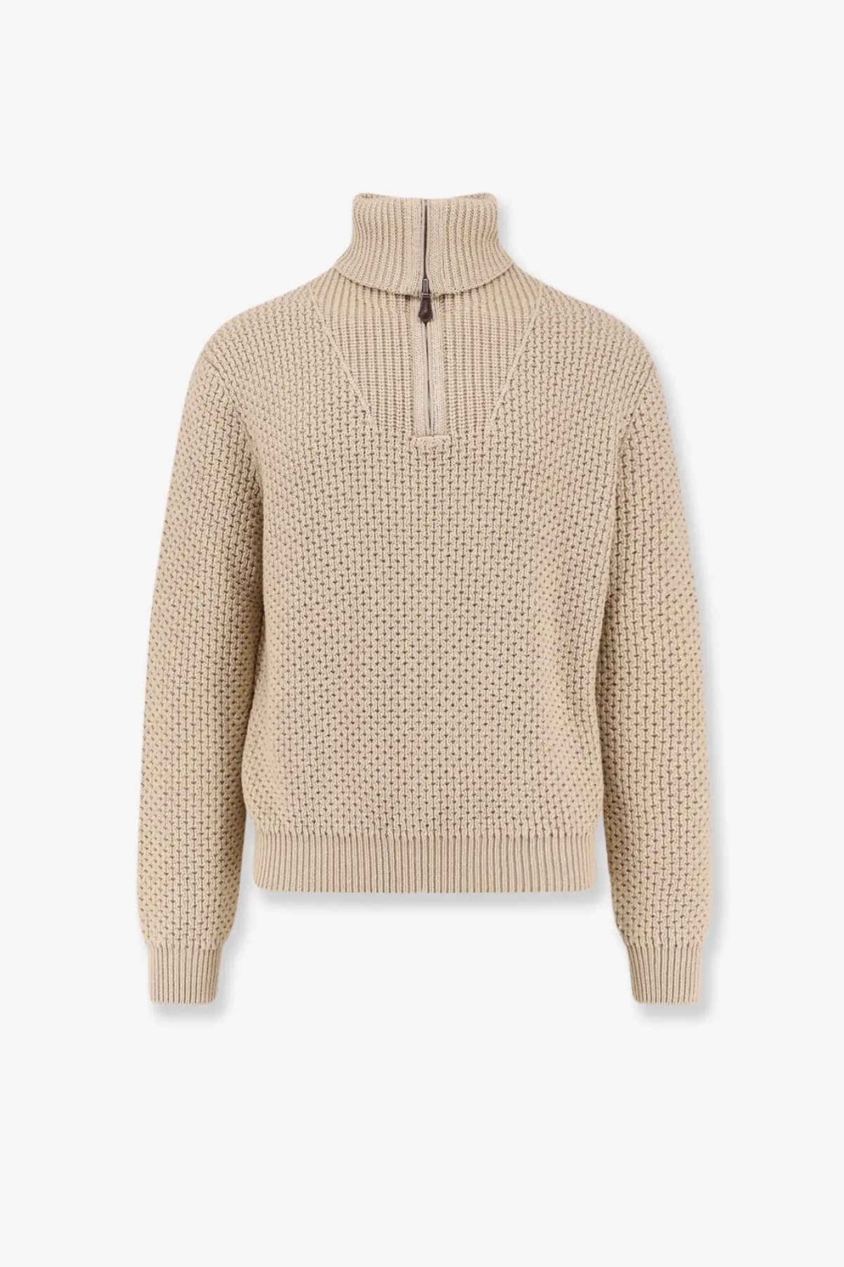 Beige textured knit sweater with half zip and ribbed cuffs in loro piana men’s cashmere and silk blend blue sweater
