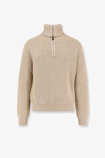 Beige textured knit sweater with half zip and ribbed cuffs in loro piana men’s cashmere and silk blend blue sweater