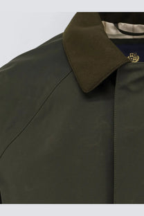 Loro Piana men’s horsey jacket in dark olive green waxed cotton with brown suede collar and gold embroidered lining