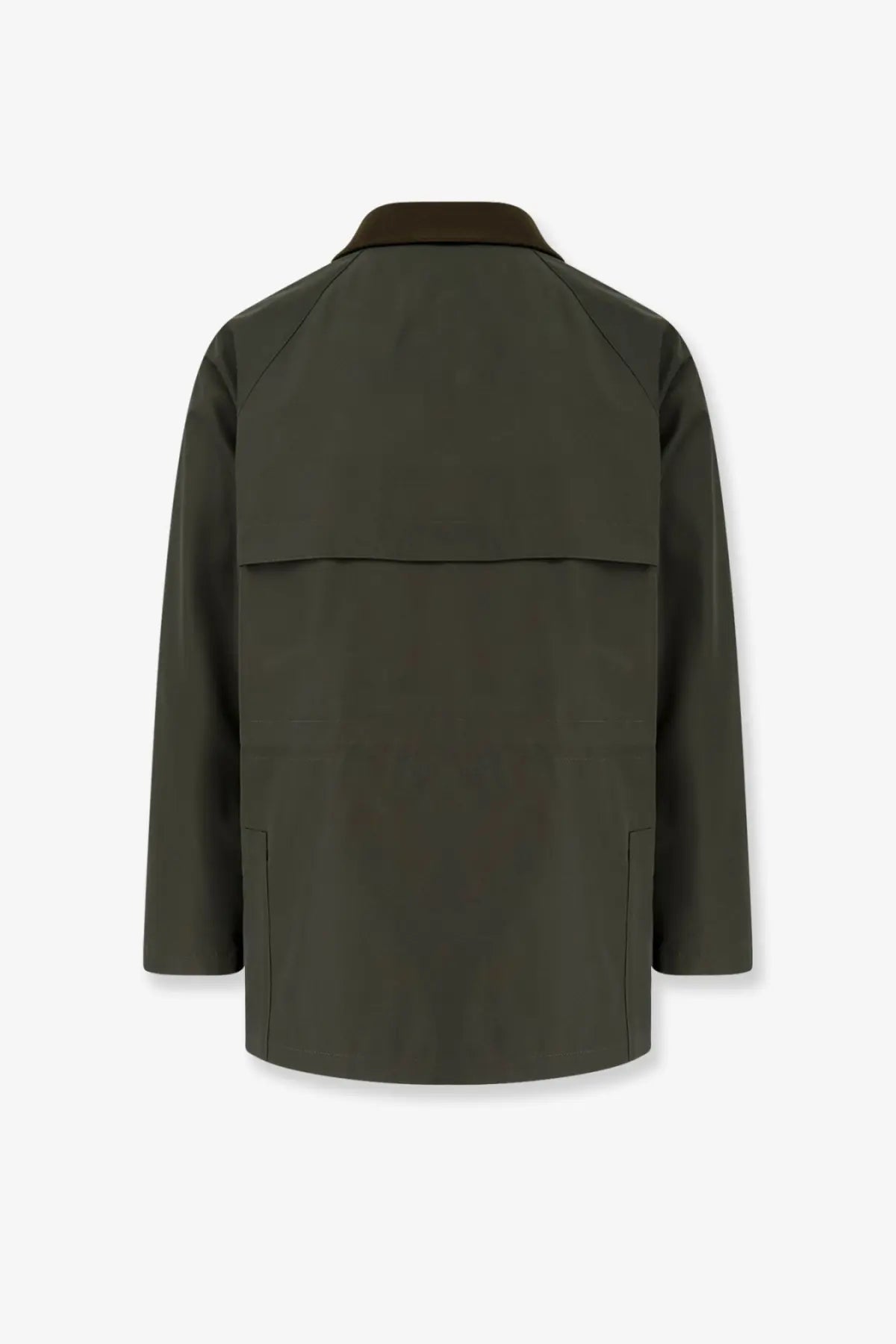 Loro Piana men’s olive green trench coat with dark brown collar featuring clean minimalist design tea leaves color
