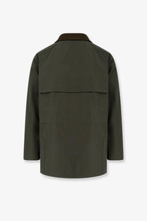 Loro Piana men’s olive green trench coat with dark brown collar featuring clean minimalist design tea leaves color