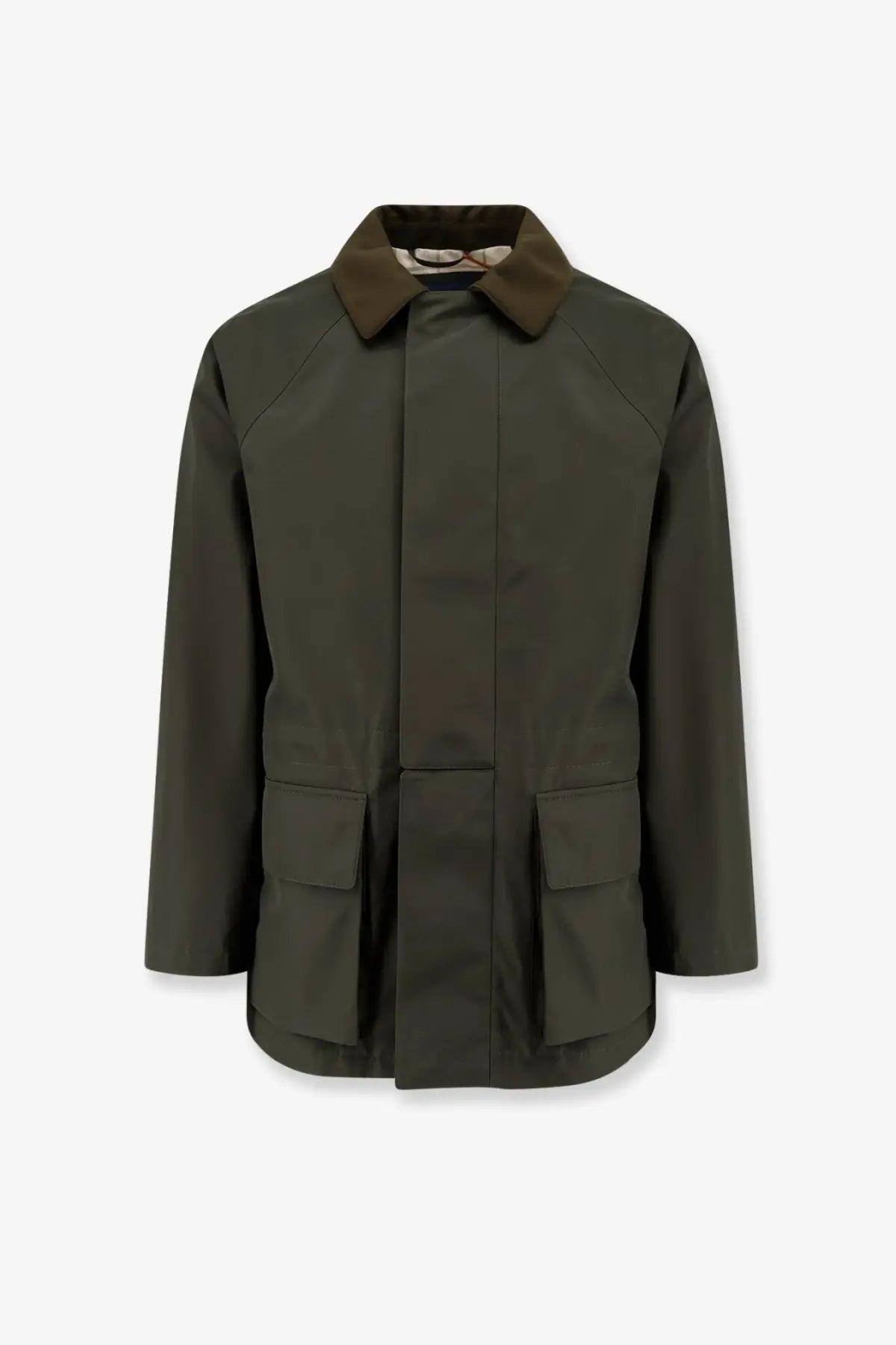 Loro Piana men’s horsey jacket olive green waxed cotton field jacket with brown collar and flap pockets