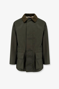 Loro Piana men’s horsey jacket olive green waxed cotton field jacket with brown collar and flap pockets