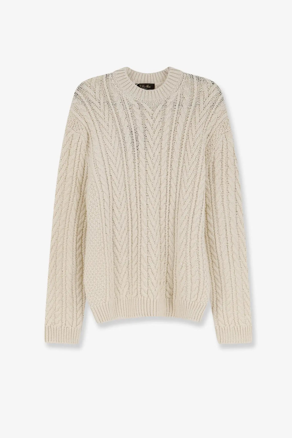 Loro Piana men’s schooner cream-colored cable-knit sweater with crew neck ribbed cuffs cashmere abaca blend beige
